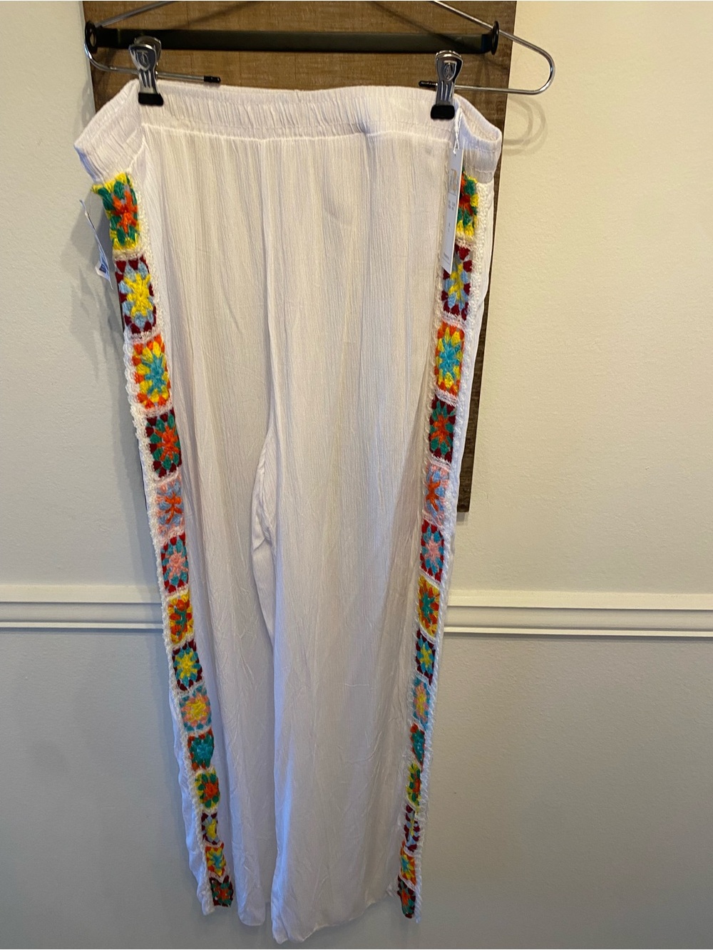 NWT TiniBikini White Gauze Wide Leg Pants Crochet Side Trim XL $68